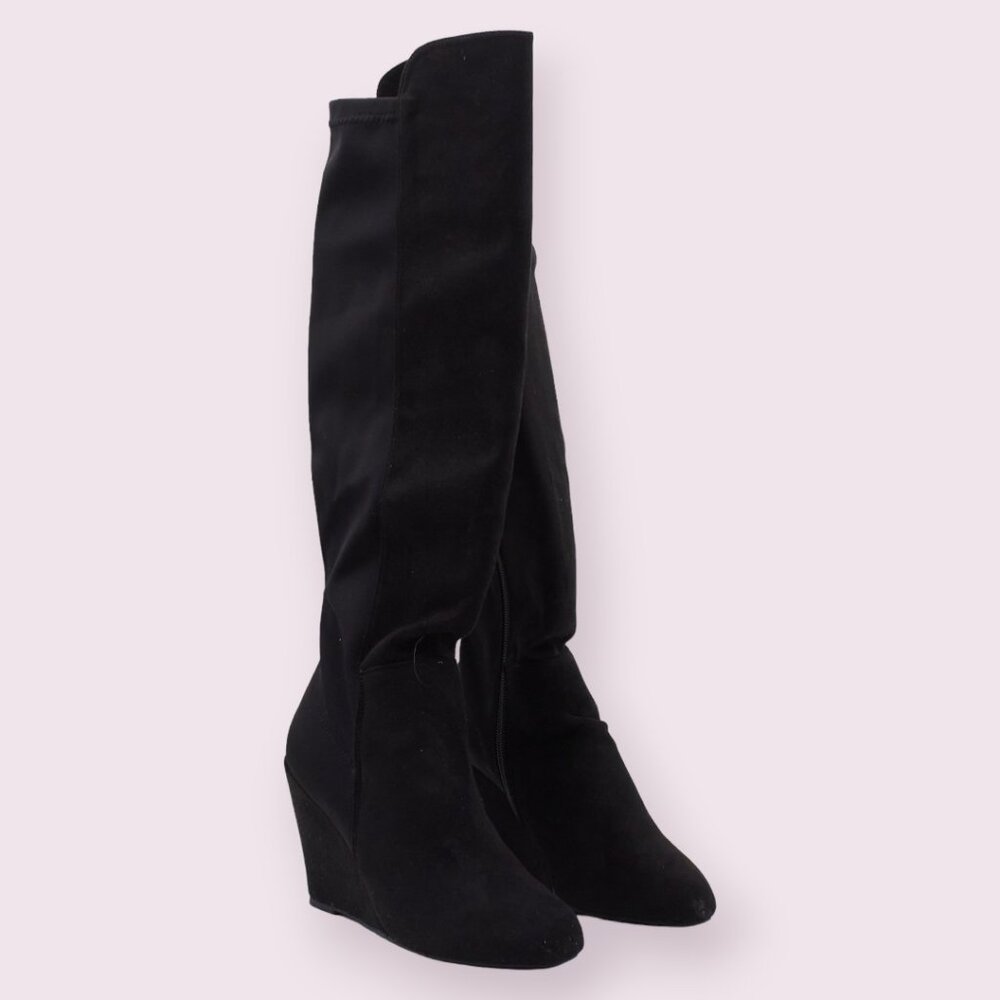 Bebe Womens Black Zipper Round Toe Wedge Heeled Boots